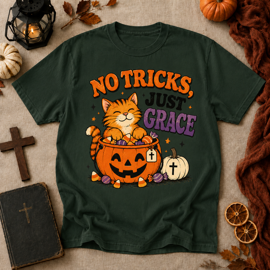 No Tricks Just Grace Halloween Cat T-Shirt