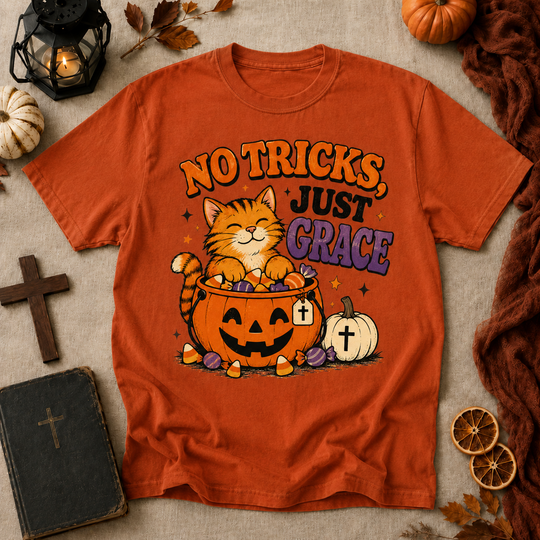No Tricks Just Grace Halloween Cat T-Shirt