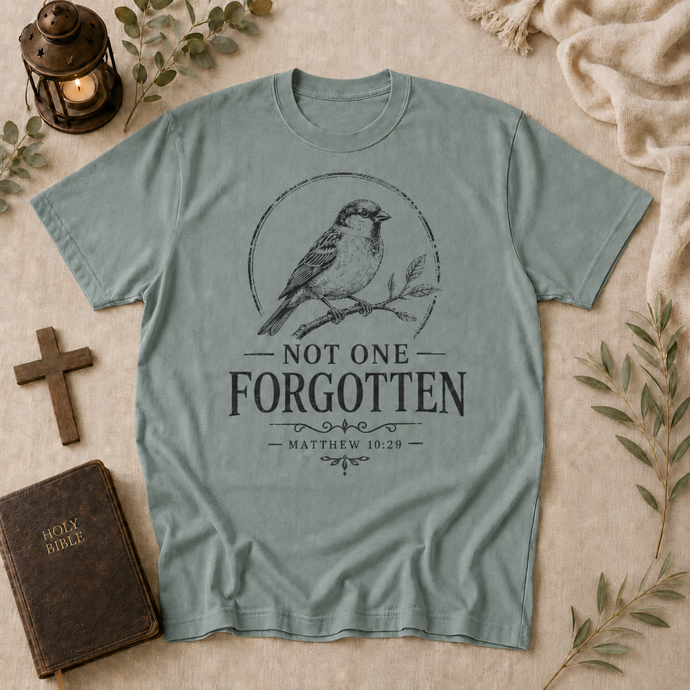 Not One Forgotten T-Shirt — Christian Scripture Bird Tee (Matthew 10:29)