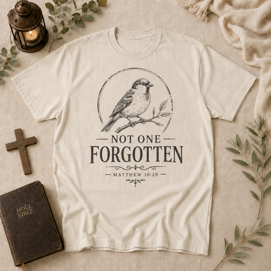 Not One Forgotten T-Shirt — Christian Scripture Bird Tee (Matthew 10:29)