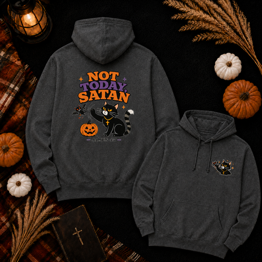 Not Today Satan Black Cat Hoodie — Cute Halloween Christian Sweatshirt (James 4:7)