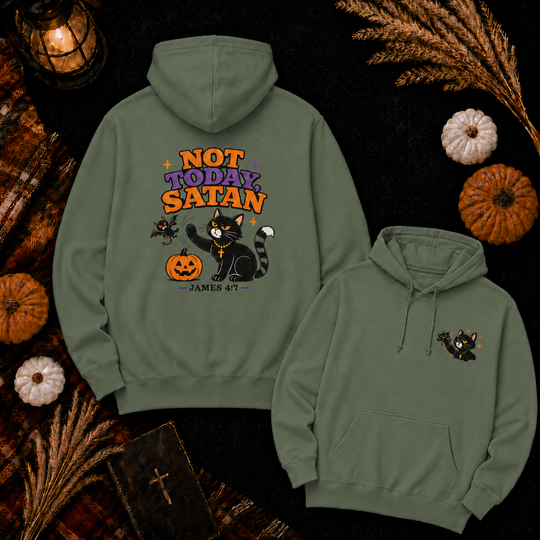 Not Today Satan Black Cat Hoodie — Cute Halloween Christian Sweatshirt (James 4:7)