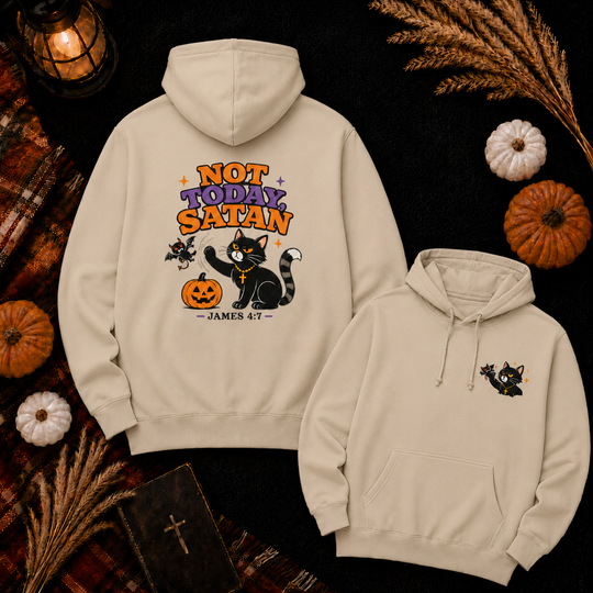 Not Today Satan Black Cat Hoodie — Cute Halloween Christian Sweatshirt (James 4:7)