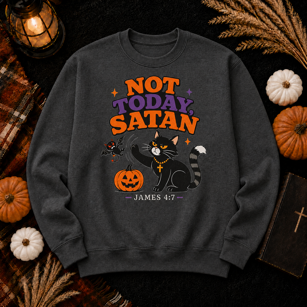 Not Today Satan Crewneck Sweatshirt — Christian Halloween Cat Graphic