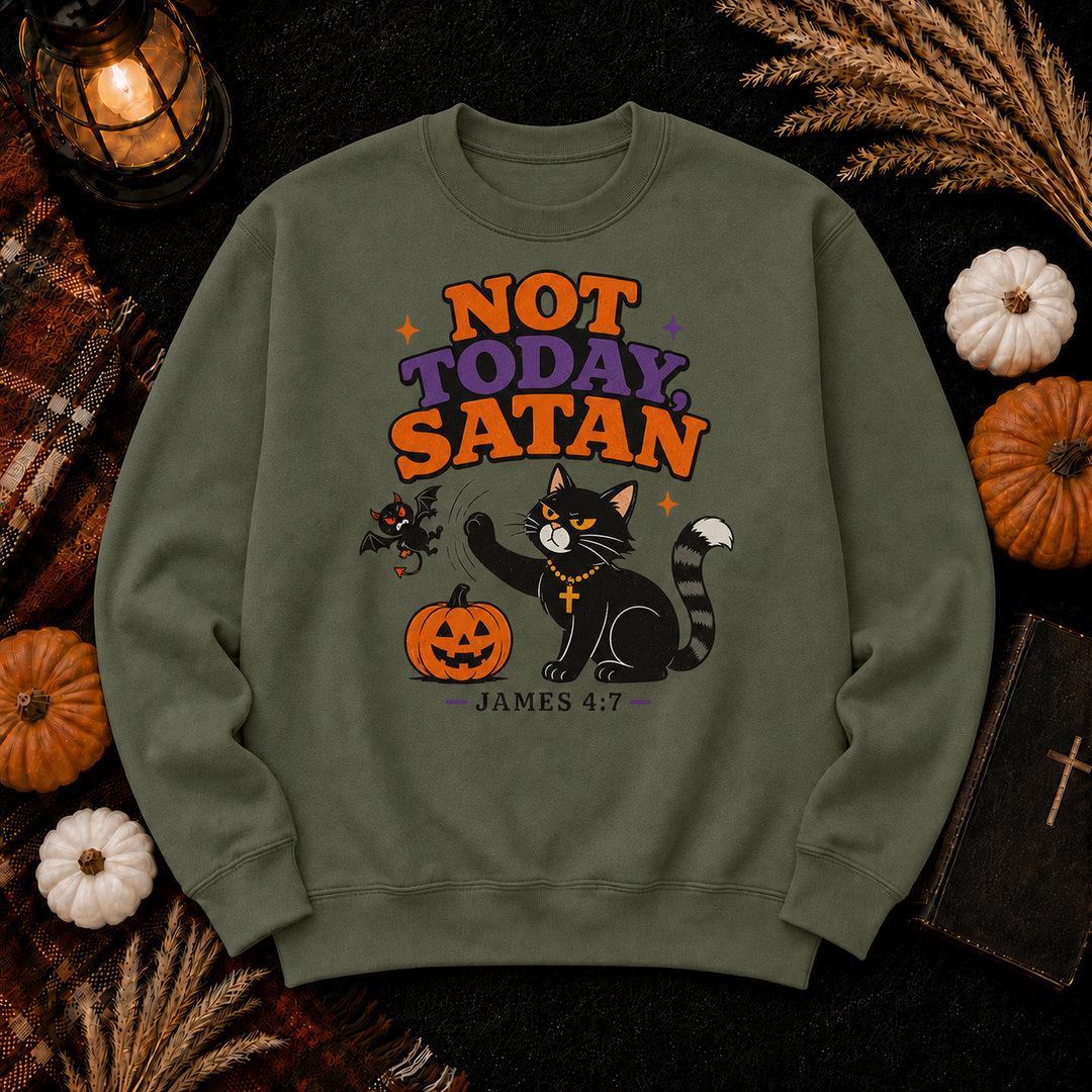 Not Today Satan Crewneck Sweatshirt — Christian Halloween Cat Graphic