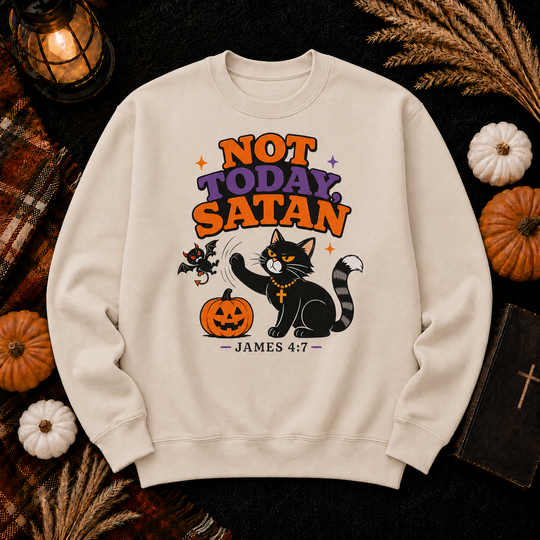 Not Today Satan Crewneck Sweatshirt — Christian Halloween Cat Graphic