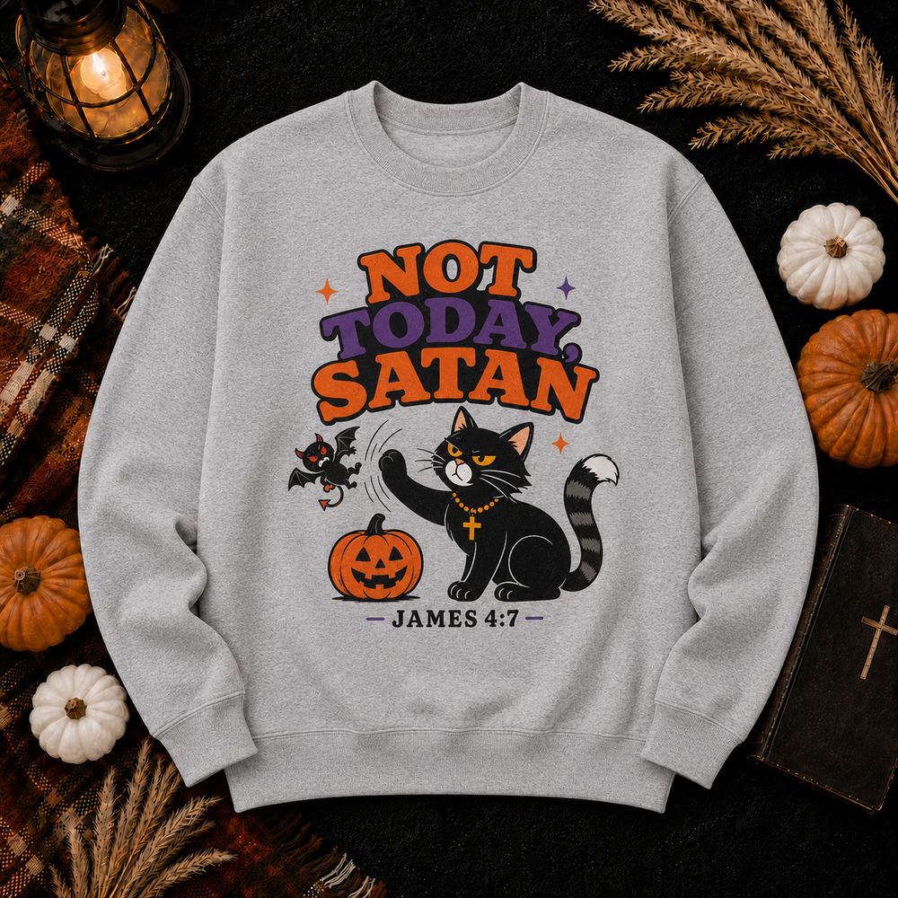 Not Today Satan Crewneck Sweatshirt — Christian Halloween Cat Graphic