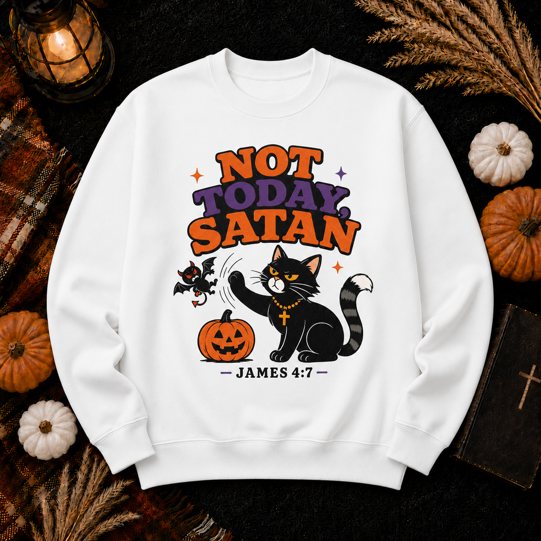 Not Today Satan Crewneck Sweatshirt — Christian Halloween Cat Graphic
