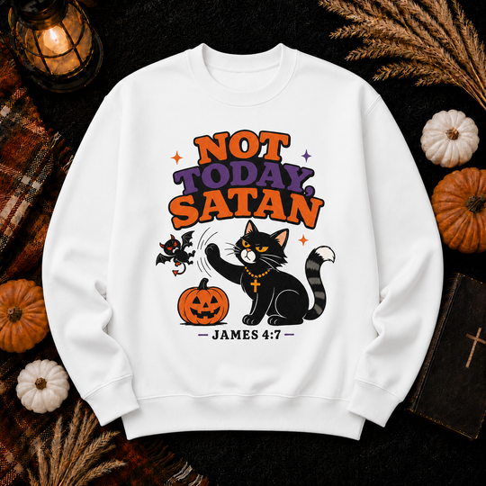 Not Today Satan Crewneck Sweatshirt — Christian Halloween Cat Graphic