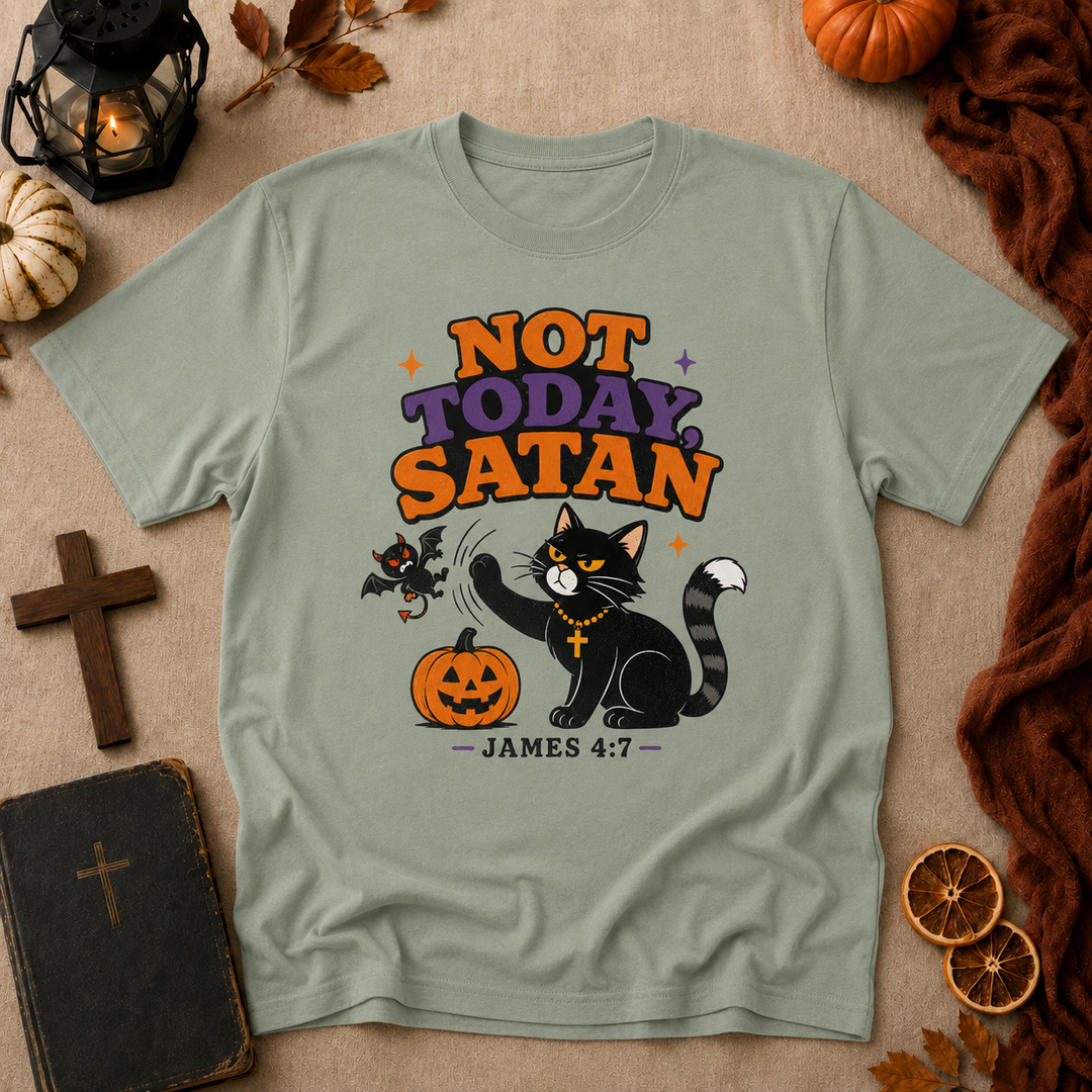Not Today Satan Halloween Cat T-Shirt – James 4:7 Christian Graphic Tee