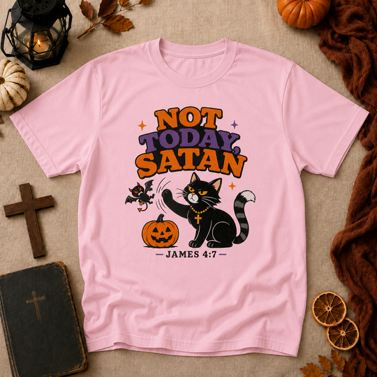 Not Today Satan Halloween Cat T-Shirt – James 4:7 Christian Graphic Tee