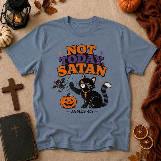 Not Today Satan Halloween Cat T-Shirt – James 4:7 Christian Graphic Tee
