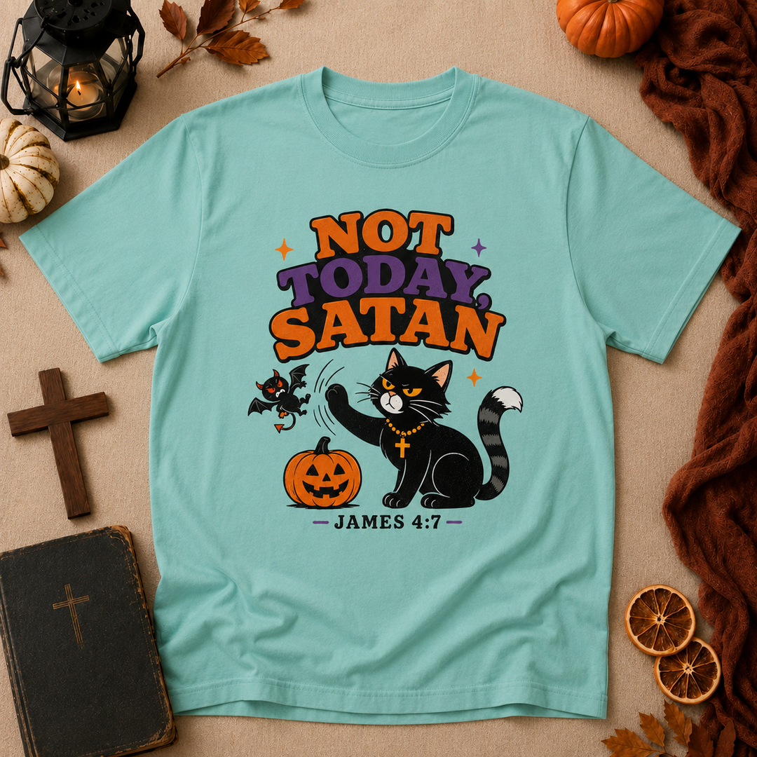 Not Today Satan Halloween Cat T-Shirt – James 4:7 Christian Graphic Tee
