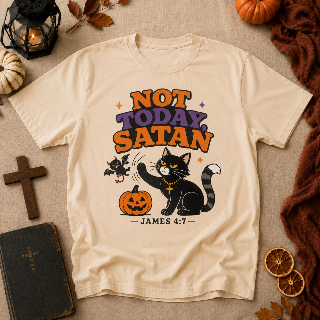 Not Today Satan Halloween Cat T-Shirt – James 4:7 Christian Graphic Tee