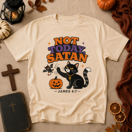 Not Today Satan Halloween Cat T-Shirt – James 4:7 Christian Graphic Tee