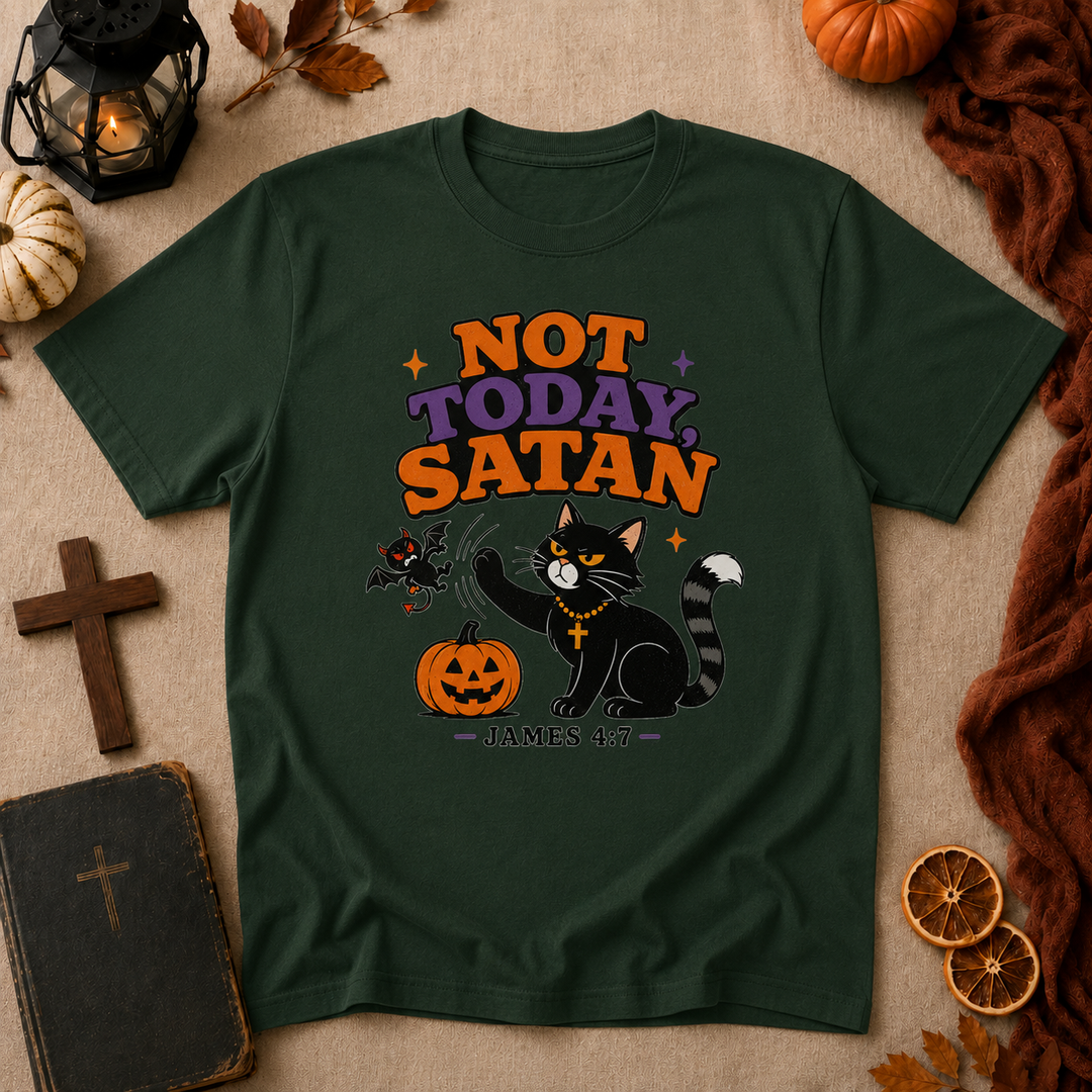 Not Today Satan Halloween Cat T-Shirt – James 4:7 Christian Graphic Tee