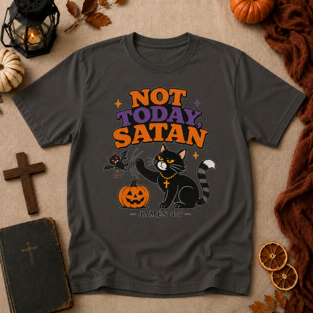 Not Today Satan Halloween Cat T-Shirt – James 4:7 Christian Graphic Tee