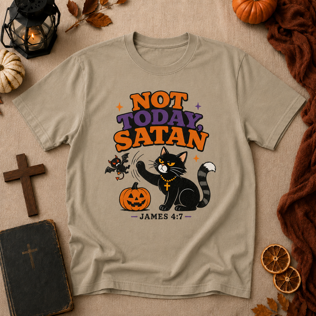 Not Today Satan Halloween Cat T-Shirt – James 4:7 Christian Graphic Tee