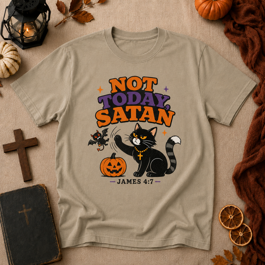 Not Today Satan Halloween Cat T-Shirt – James 4:7 Christian Graphic Tee
