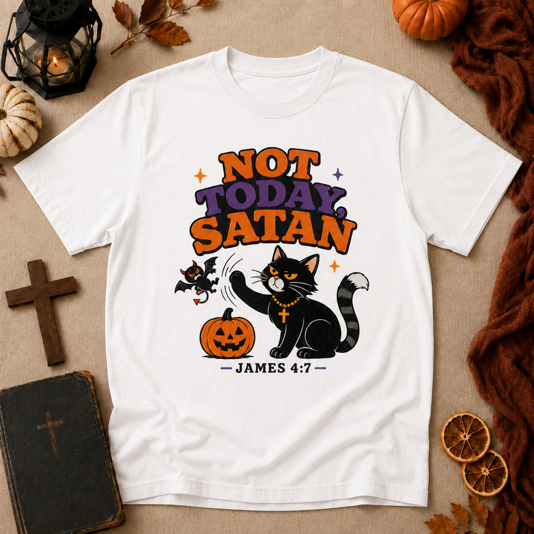 Not Today Satan Halloween Cat T-Shirt – James 4:7 Christian Graphic Tee