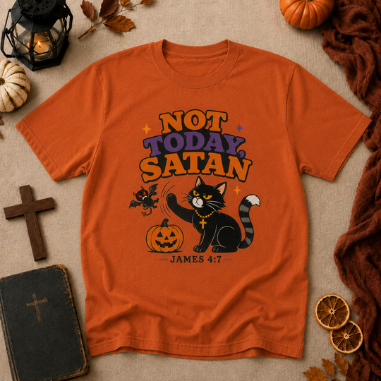 Not Today Satan Halloween Cat T-Shirt – James 4:7 Christian Graphic Tee