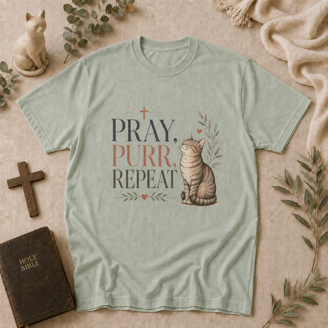 Pray Purr Repeat Cat Tee In Bay #color_bay