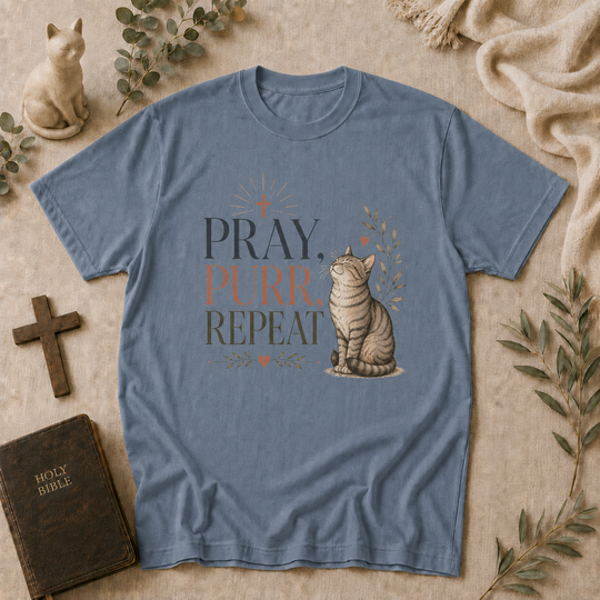 Pray Purr Repeat Cat Tee In Blue Jean #color_blue-jean