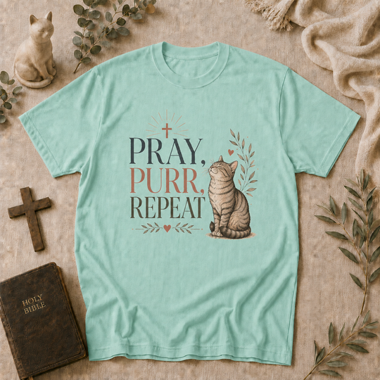 Pray Purr Repeat Cat Tee In Chalky Mint #color_chalky-mint