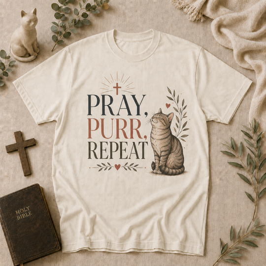 Pray Purr Repeat Cat Tee In Ivory #color_ivory