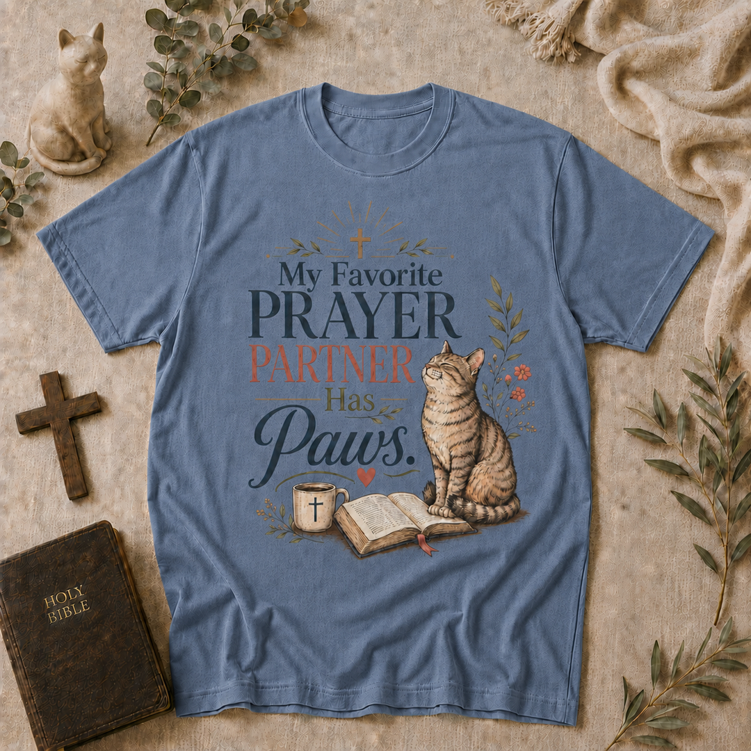 Prayer Partner Paws Cat Tee In Blue Jean #color_blue-jean