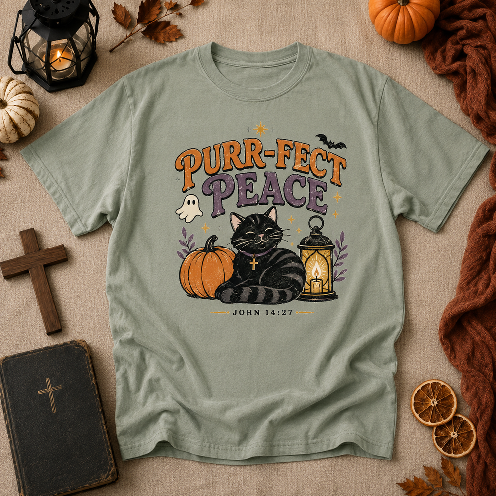 Purr-fect Peace T-Shirt — Halloween Black Cat Pumpkin Christian John 14:27 Tee