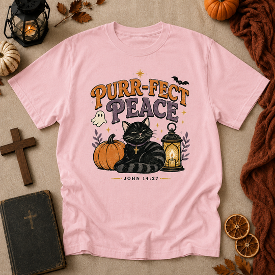 Purr-fect Peace T-Shirt — Halloween Black Cat Pumpkin Christian John 14:27 Tee