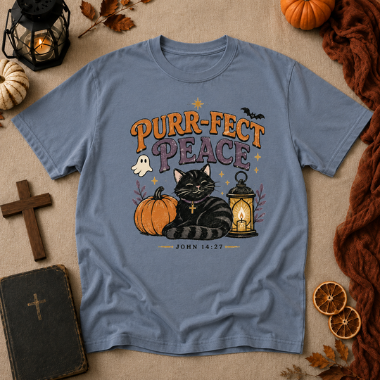 Purr-fect Peace T-Shirt — Halloween Black Cat Pumpkin Christian John 14:27 Tee