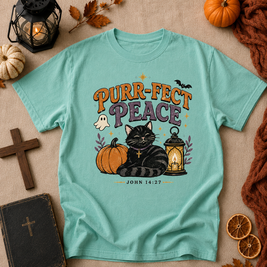 Purr-fect Peace T-Shirt — Halloween Black Cat Pumpkin Christian John 14:27 Tee