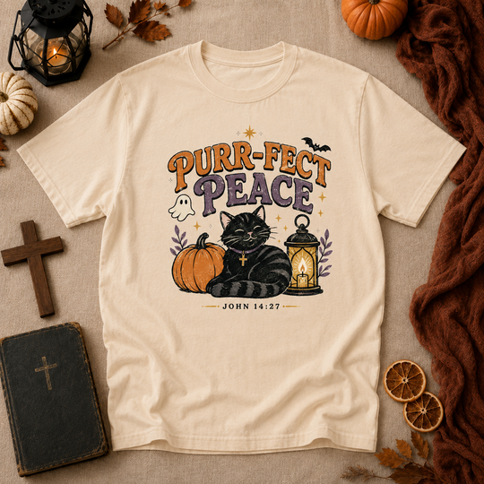 Purr-fect Peace T-Shirt — Halloween Black Cat Pumpkin Christian John 14:27 Tee