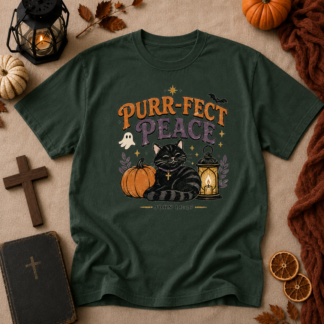 Purr-fect Peace T-Shirt — Halloween Black Cat Pumpkin Christian John 14:27 Tee