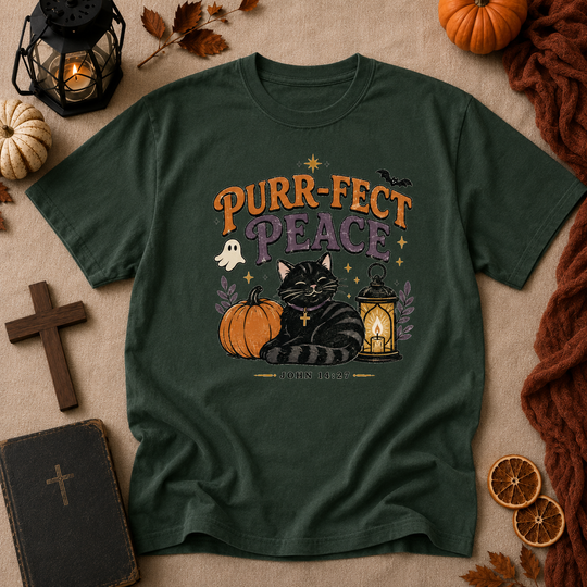 Purr-fect Peace T-Shirt — Halloween Black Cat Pumpkin Christian John 14:27 Tee
