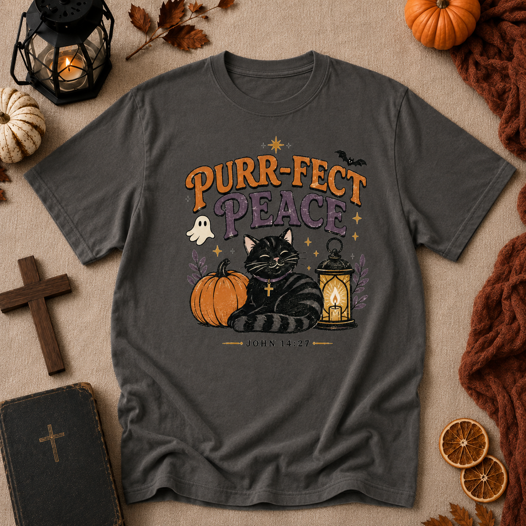Purr-fect Peace T-Shirt — Halloween Black Cat Pumpkin Christian John 14:27 Tee