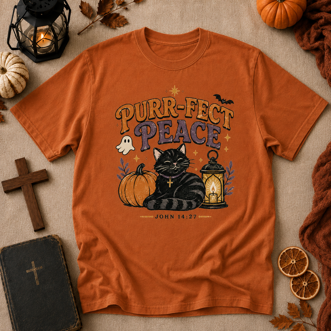 Purr-fect Peace T-Shirt — Halloween Black Cat Pumpkin Christian John 14:27 Tee