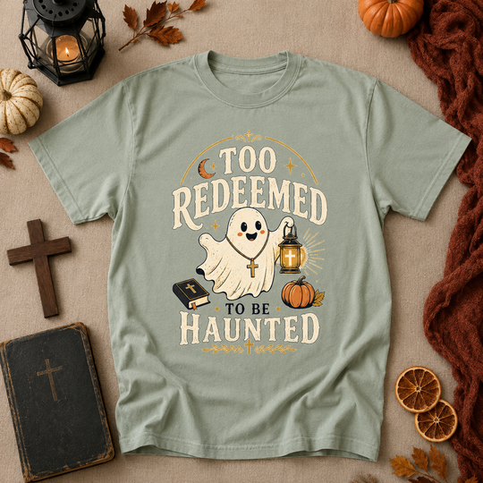Too Redeemed to Be Haunted Ghost T-Shirt — Cute Christian Halloween Tee