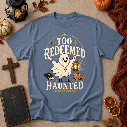 Too Redeemed to Be Haunted Ghost T-Shirt — Cute Christian Halloween Tee