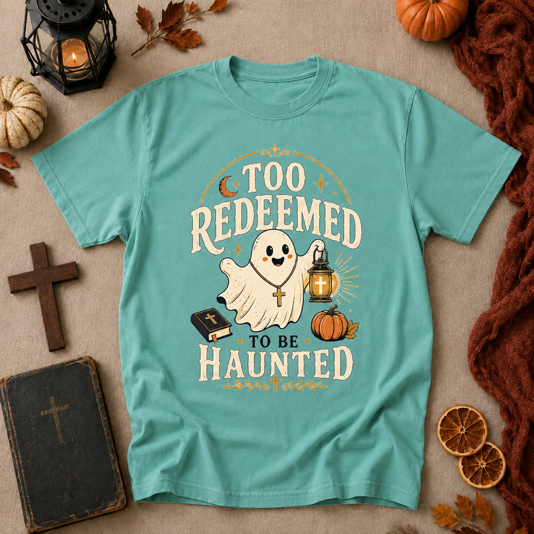 Too Redeemed to Be Haunted Ghost T-Shirt — Cute Christian Halloween Tee