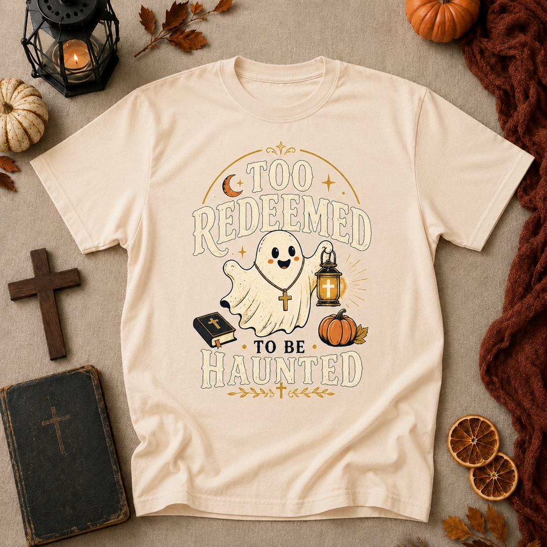Too Redeemed to Be Haunted Ghost T-Shirt — Cute Christian Halloween Tee