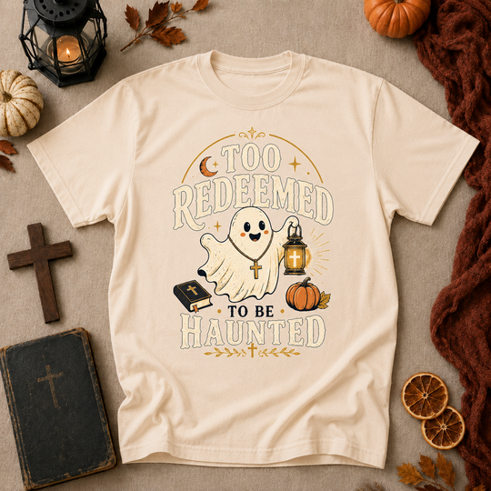 Too Redeemed to Be Haunted Ghost T-Shirt — Cute Christian Halloween Tee