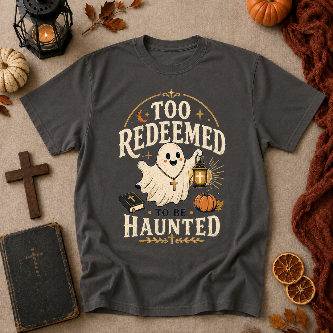 Too Redeemed to Be Haunted Ghost T-Shirt — Cute Christian Halloween Tee