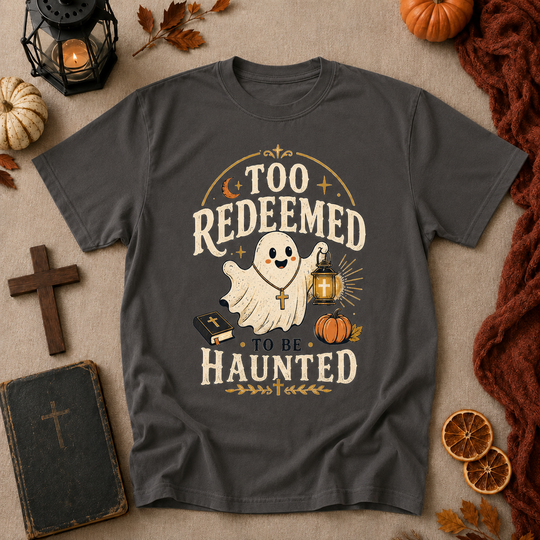 Too Redeemed to Be Haunted Ghost T-Shirt — Cute Christian Halloween Tee