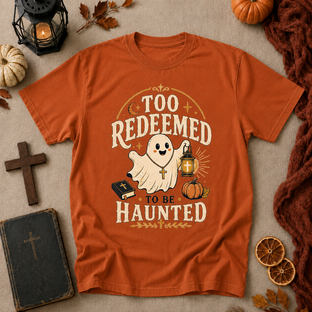 Too Redeemed to Be Haunted Ghost T-Shirt — Cute Christian Halloween Tee