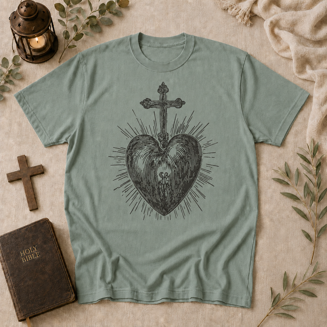 Sacred Heart Cross T-Shirt — Vintage Religious Graphic Tee