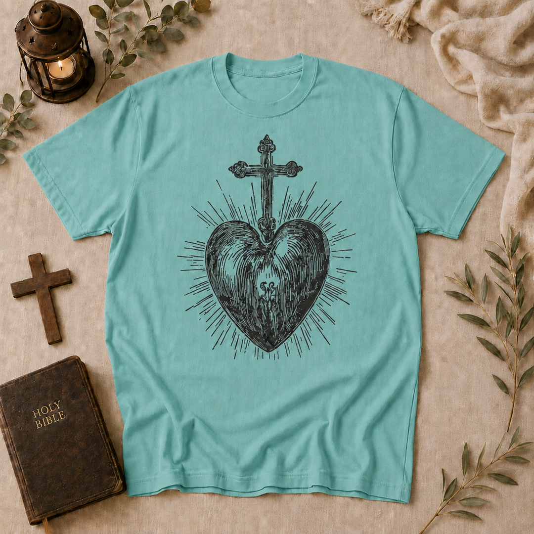 Sacred Heart Cross T-Shirt — Vintage Religious Graphic Tee