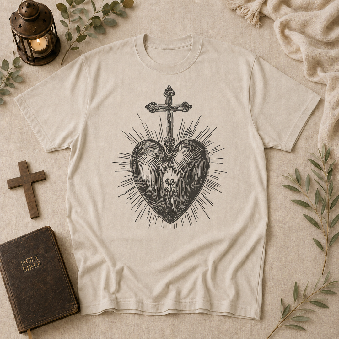 Sacred Heart Cross T-Shirt — Vintage Religious Graphic Tee